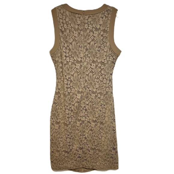 Calvin Klein Sleeveless Sheath Dress Size 14 Ruched Stretch Floral Lace Taupe - Picture 2 of 14